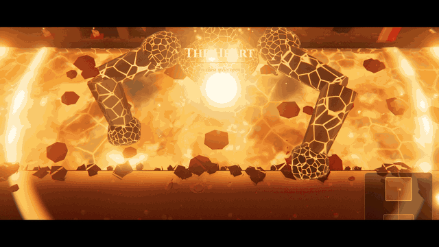 The Forge Heart, a molten colossus, dies and sinks into its lava pool, and the whole pool cools to dark stone