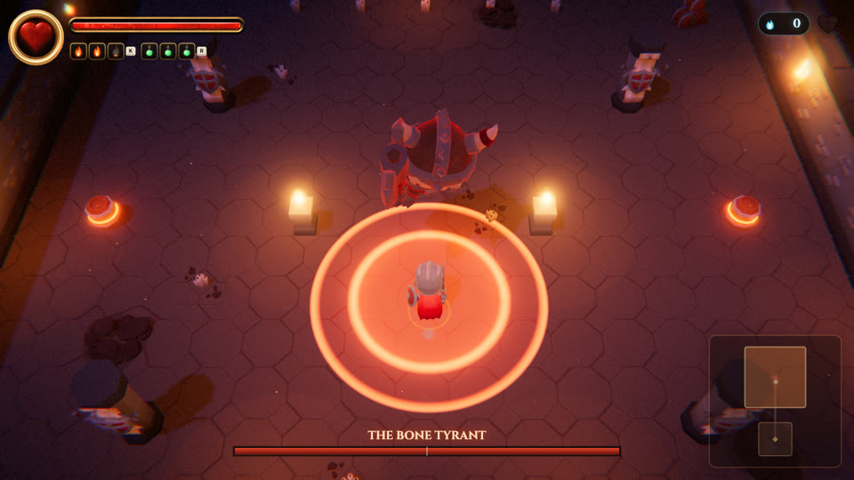 A boss slam telegraph drawn as a red ring on the floor