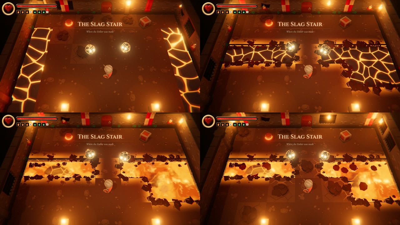 Four versions of the same lava room, from flat glowing cracks to a sunken flowing channel with drifting crust