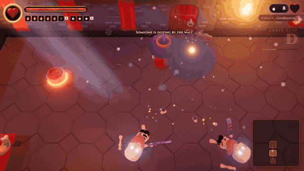 Before: the Pyromancer swinging her staff in melee