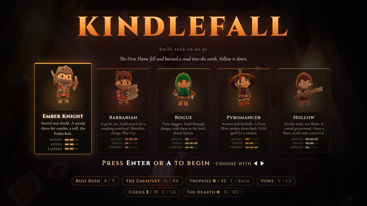 The Kindlefall title screen with five hero cards