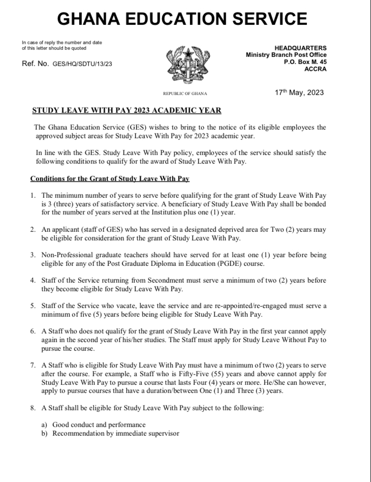 GES releases conditions for the Grant of Study Leave with Pay