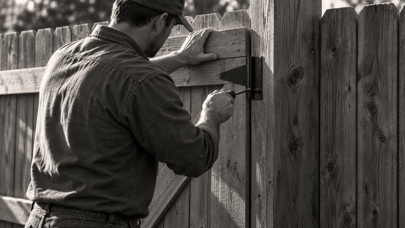 A man fastens a hinge on a wooden gate, illustrating faithful execution through practical work.