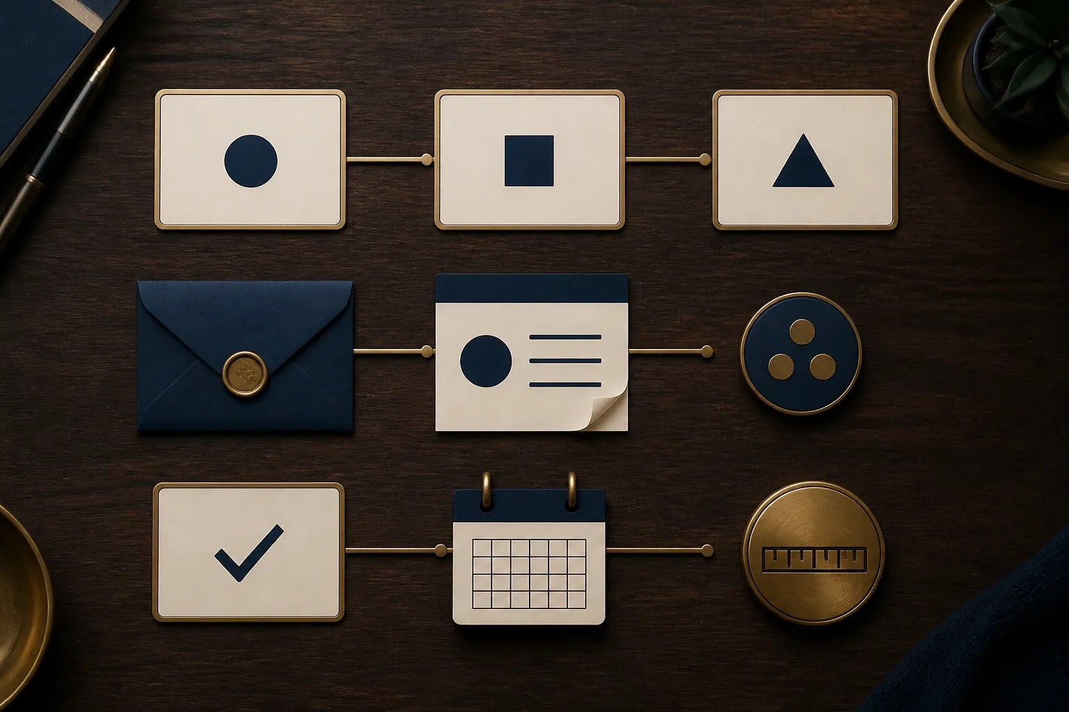 Three groups of three objects representing three facts, three ways to express an idea, and three testable actions