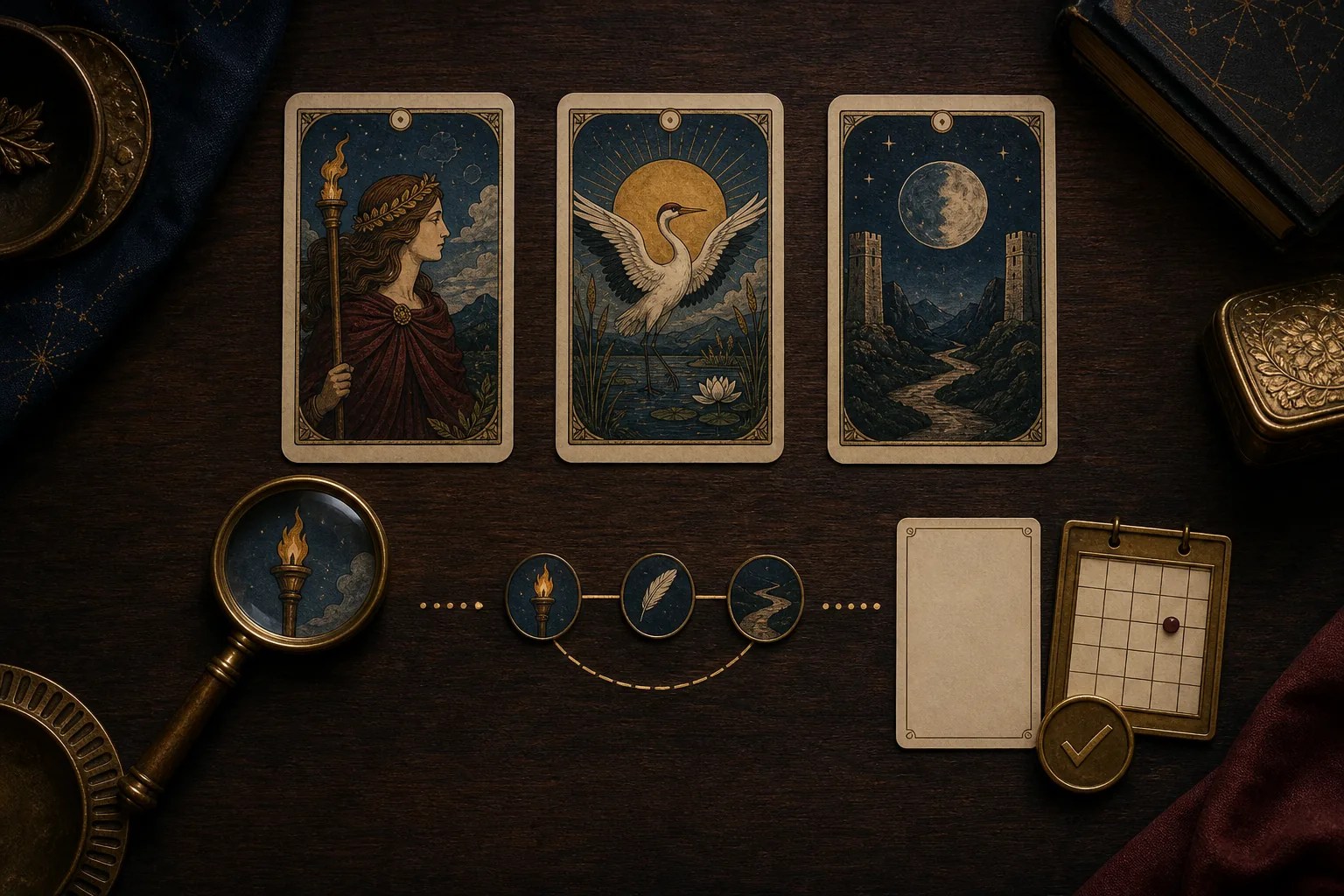 Three tarot cards connected by brass lines to the steps Card, Link, and Action