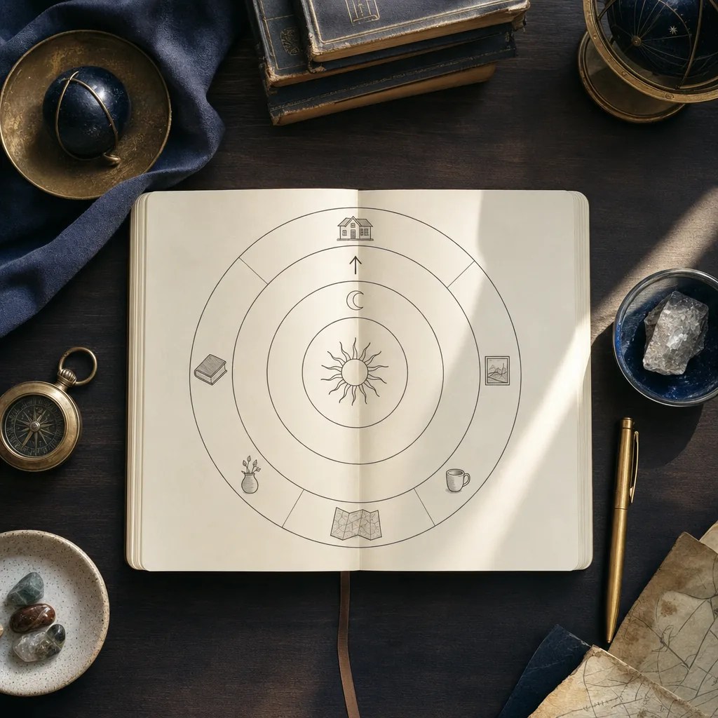 A five-layer zodiac difference diagram showing the Sun, Moon, rising sign, chart structure, and lived experience