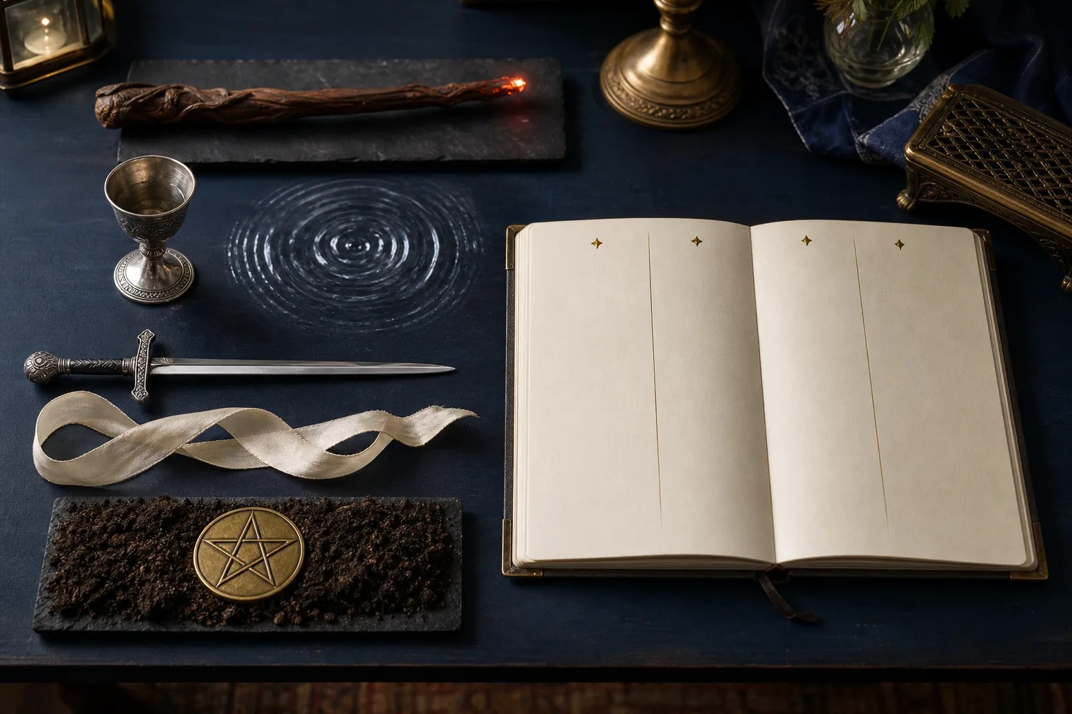 Four stations for Wands, Cups, Swords, and Pentacles beside an open notebook, illustrating the suit, verb, evidence, and action reading steps