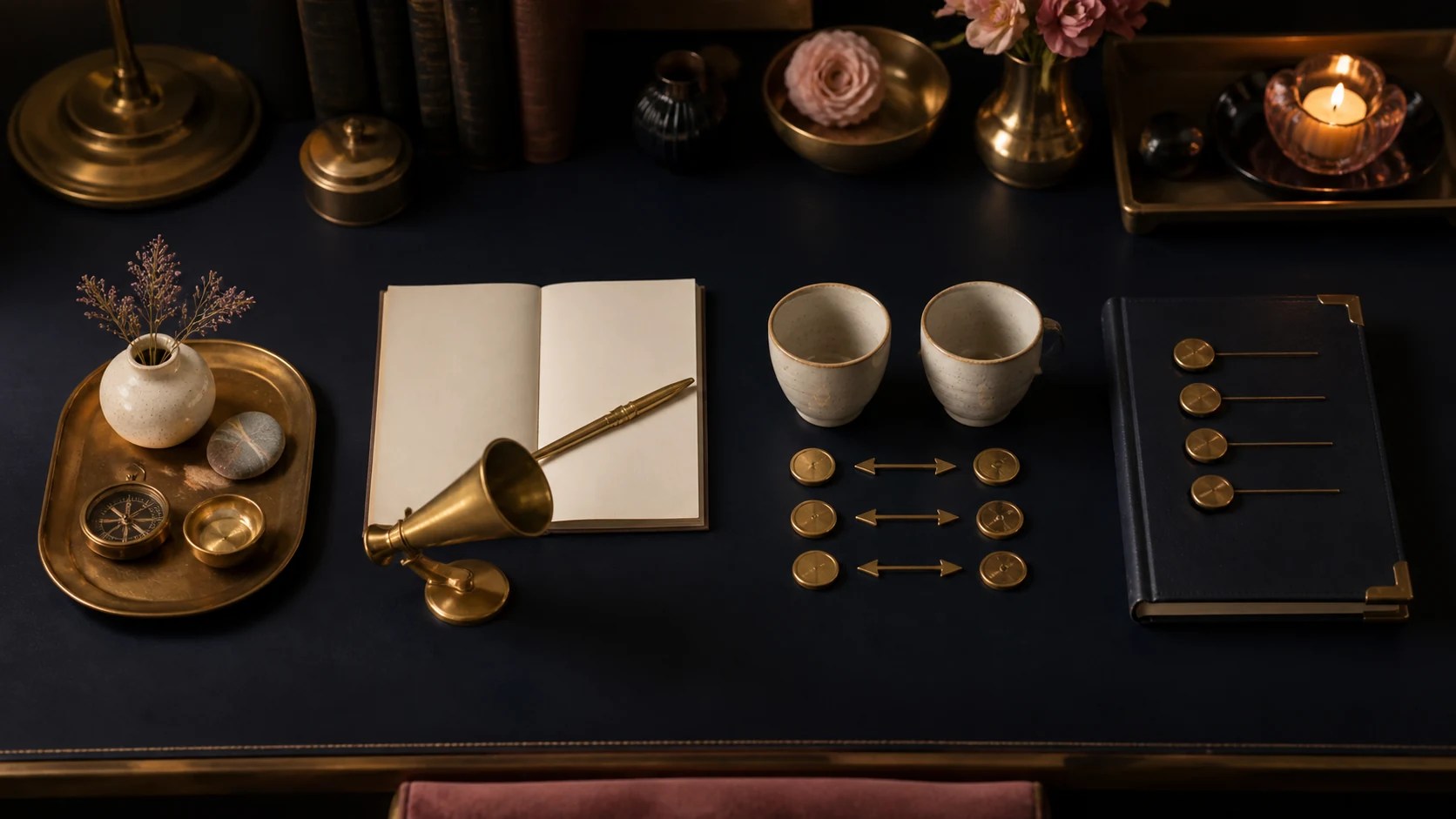 Four arrangements of brass and ceramic objects representing values, expression, reciprocity, and real-world evidence
