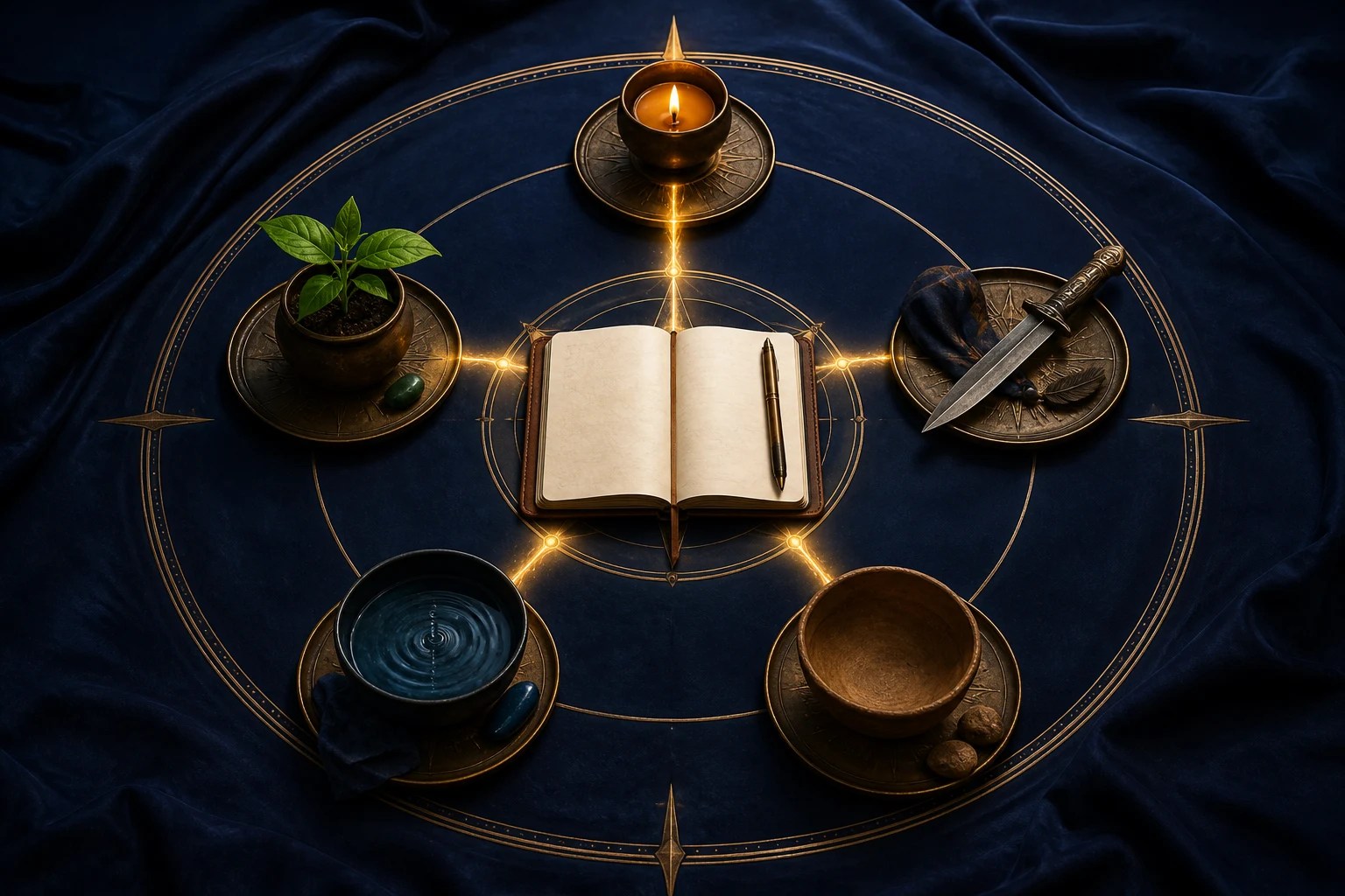 A five-direction ritual map connects Wood, Fire, Earth, Metal, and Water with intention and grounded spatial action