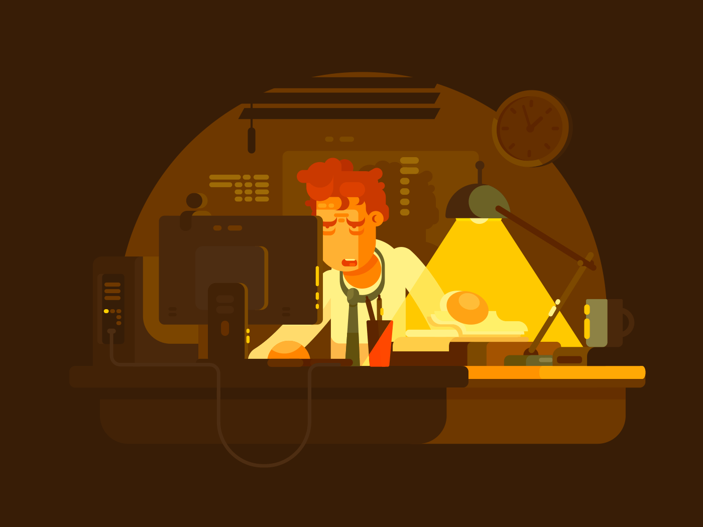 Tired man working late illustration.