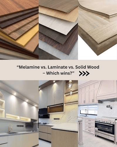 Custom kitchen cabinet materials including MDF, HDF shaker doors, wood veneer cabinets, and melamine cabinet boxes in a modern GTA kitchen