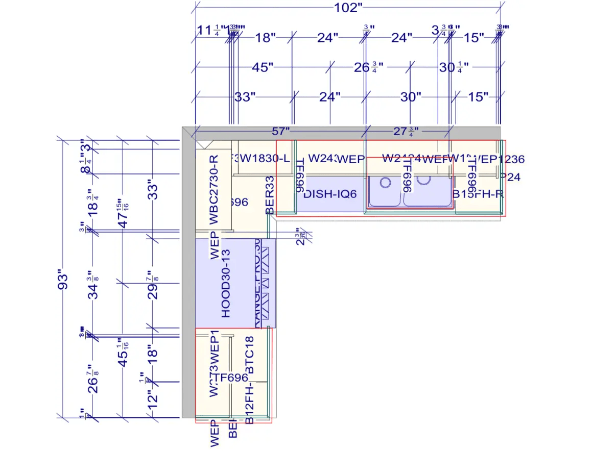 L-shaped cabinet layout drawing for a Stoney Creek basement kitchen