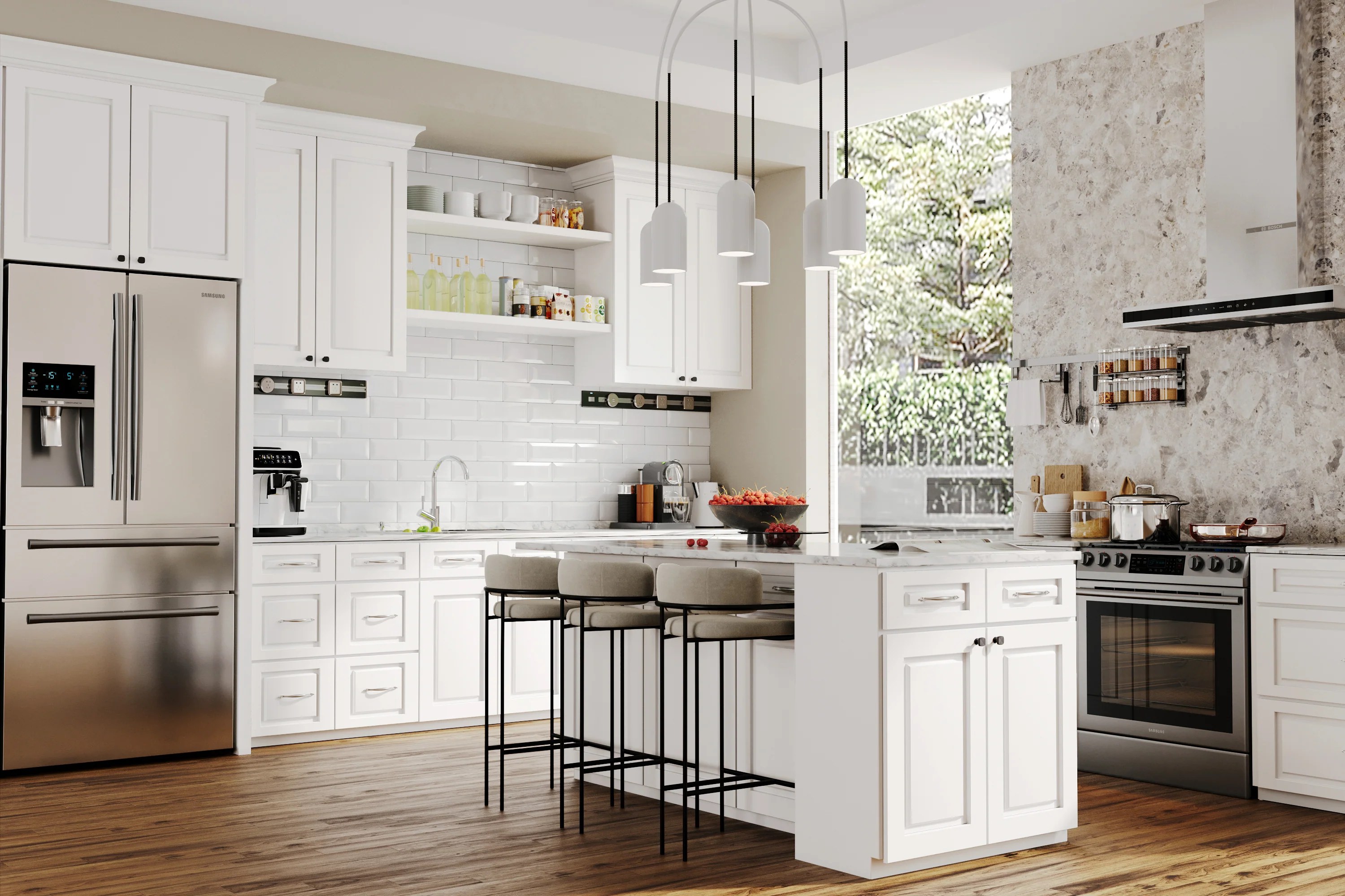 White recessed panel kitchen cabinets