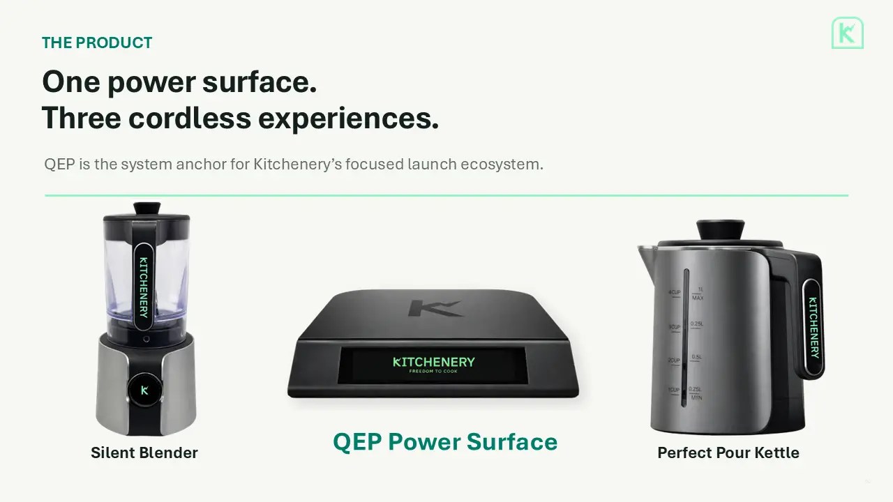 Hero banner showing three Kitchenery devices: Silent Blender, QEP Power Surface, and Perfect Pour Kettle.
