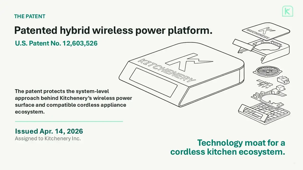 Diagram of Kitchenery wireless power technology transferring energy from the Quantum Energy Pad to a compatible appliance