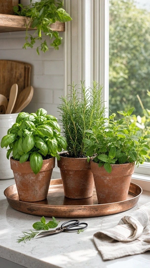 Fresh basil, rosemary, and mint herbs in terracotta pots on a copper tray over a sunny quartz kitchen countertop.