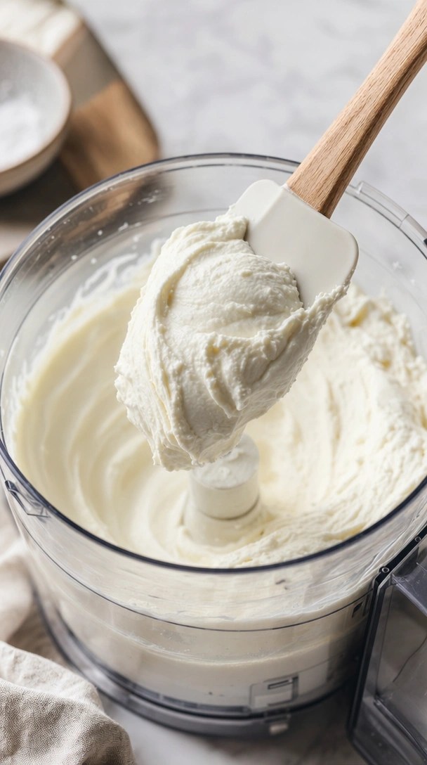 Smooth, creamy whipped ricotta cheese in a food processor bowl lifted with a spatula on a kitchen counter.