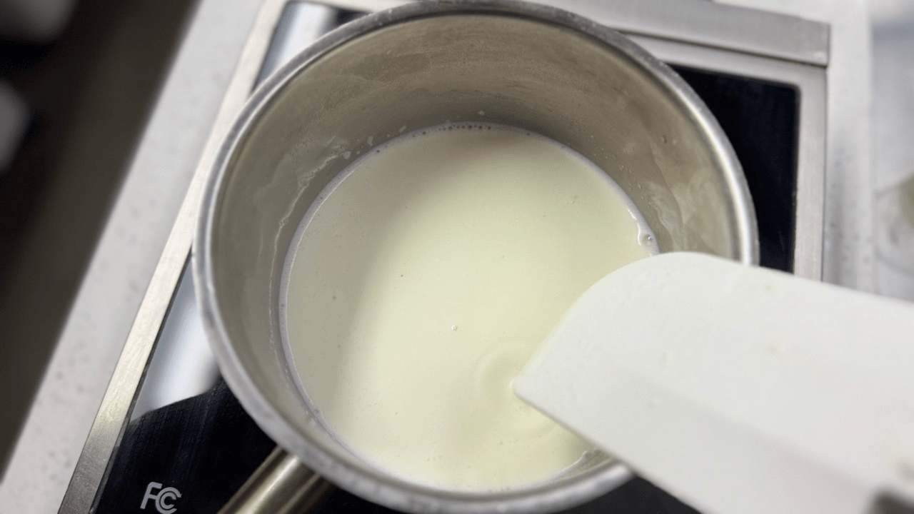 heating up milk, sugar and heavy cream for panna cotta