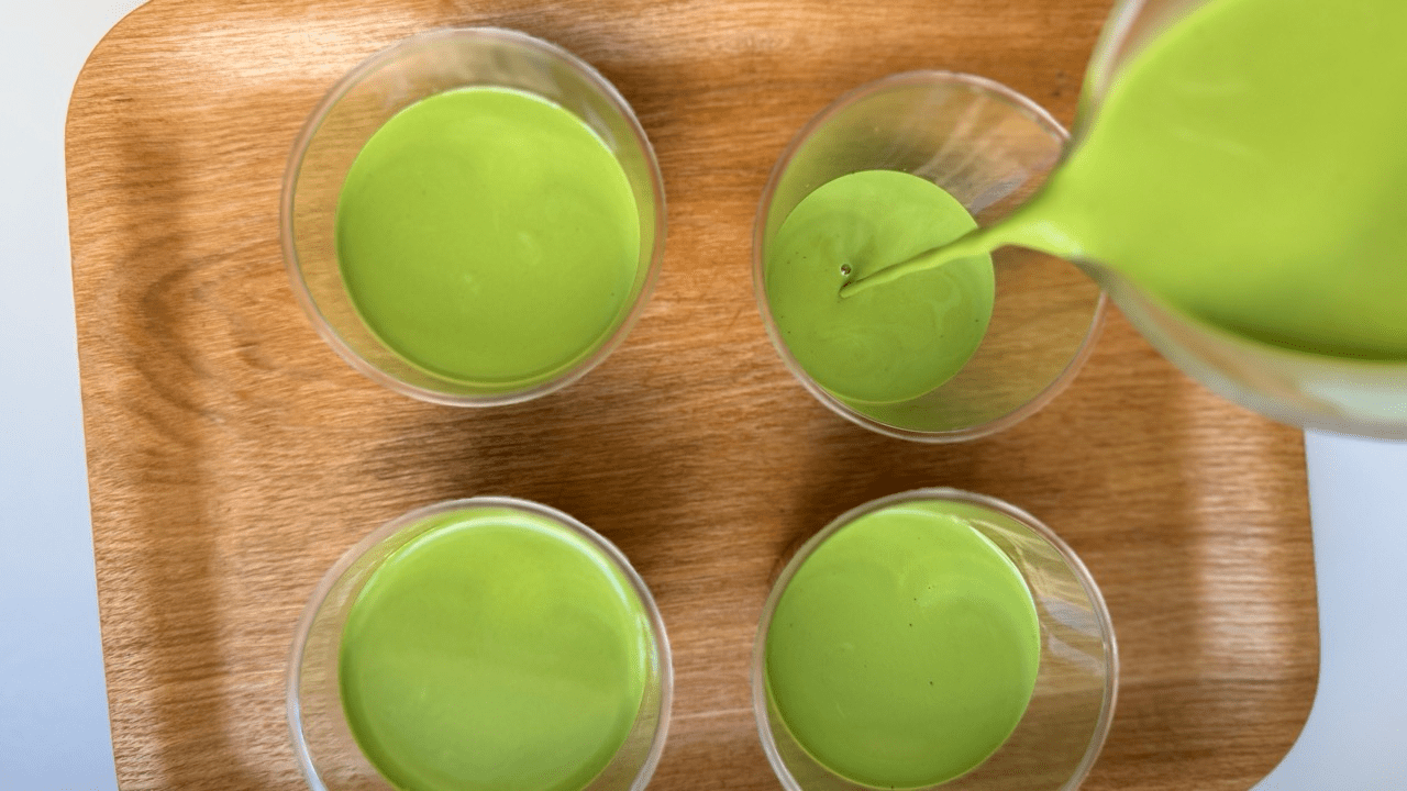 portioning the patcha panna cotta base to the cup