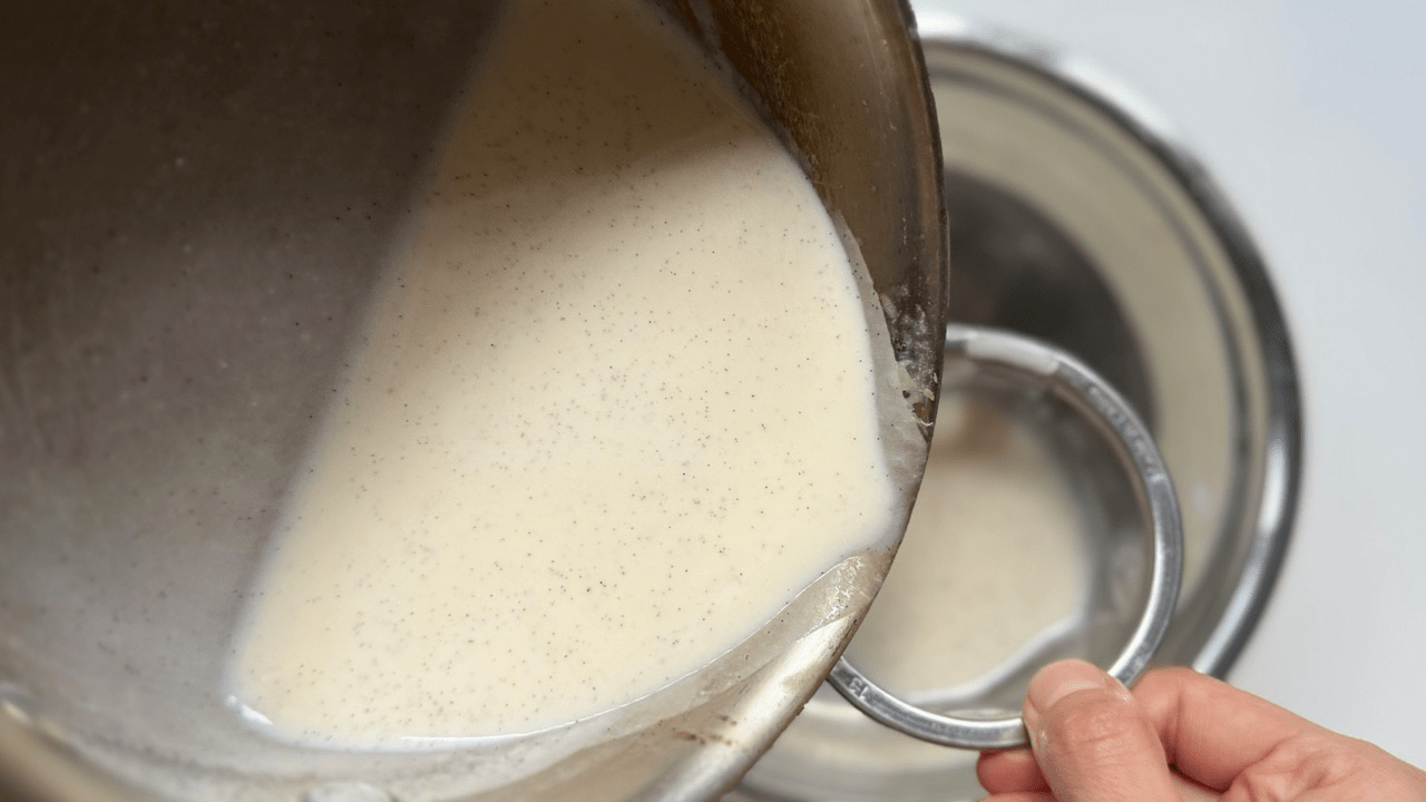 straining the amakoji panna cotta base