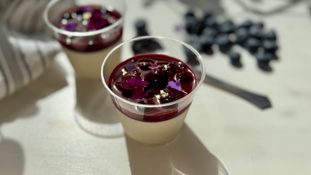 Ama koji panna cotta with blueberry sauce