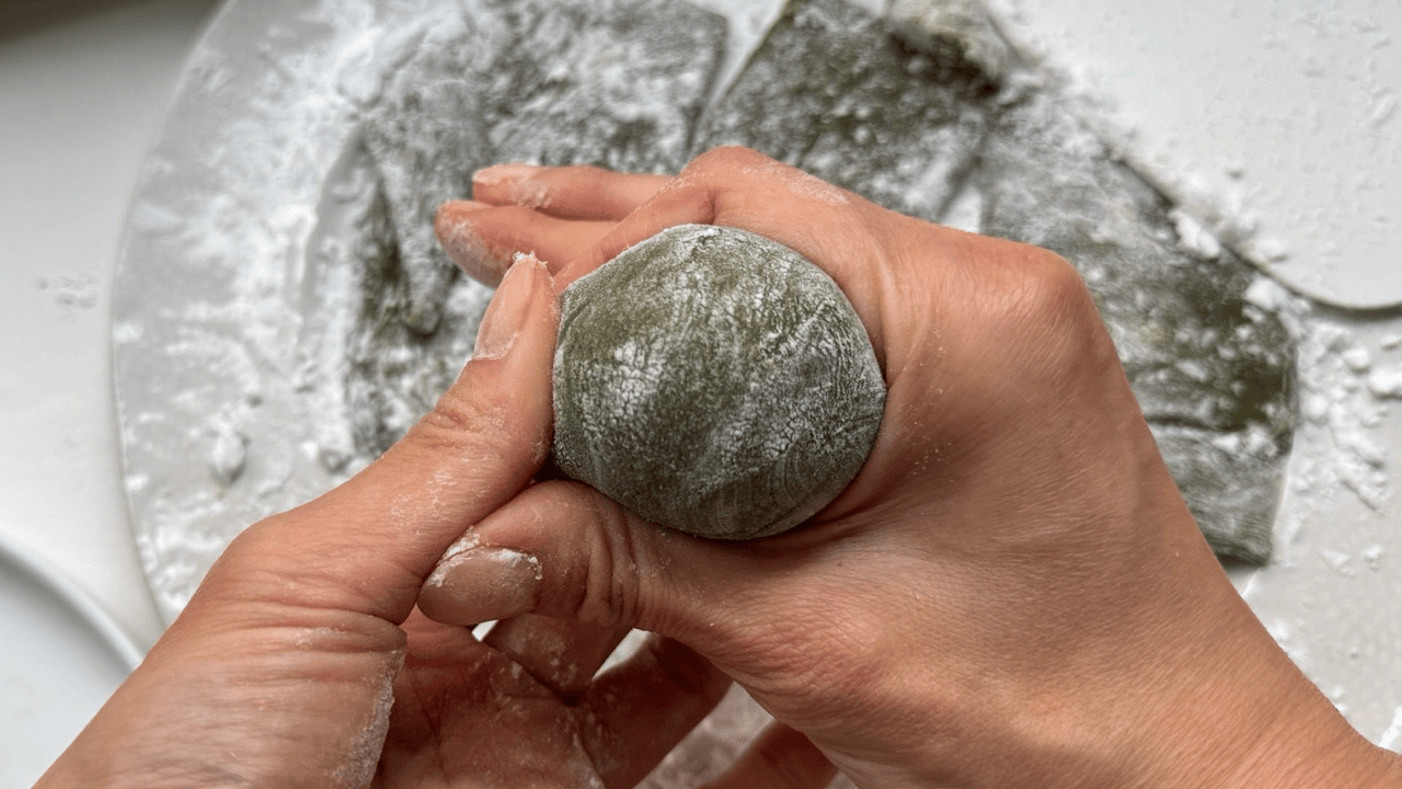 rolling matcha strawberry mochi