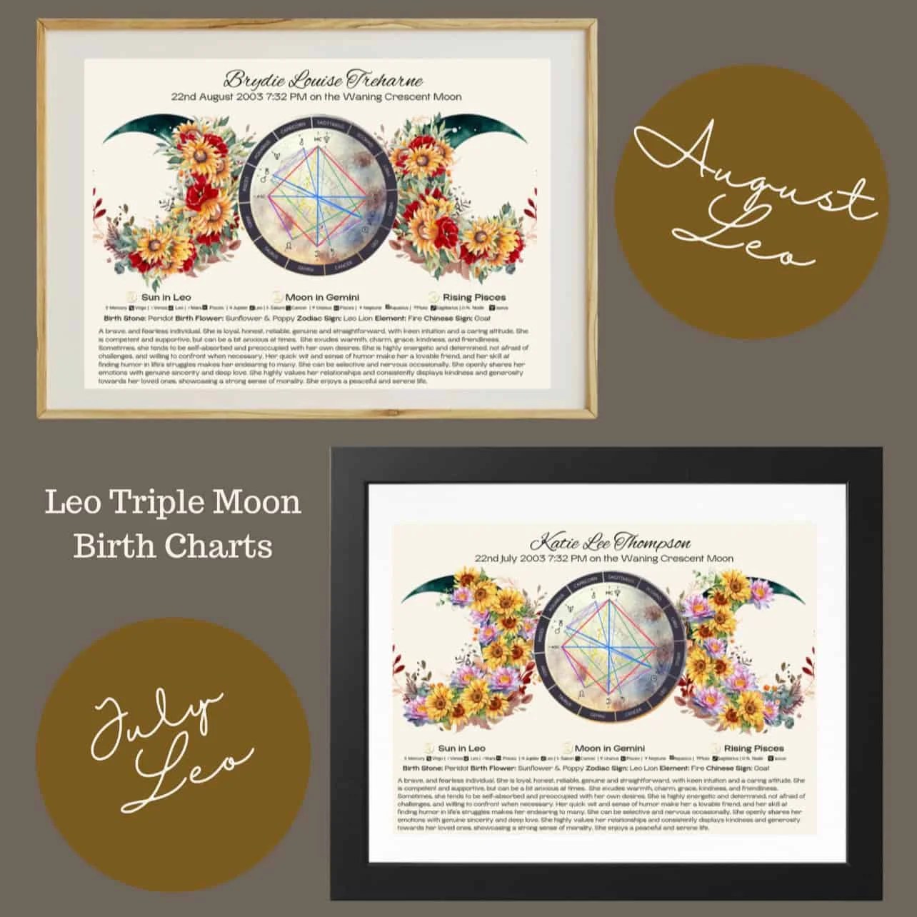 Two framed Birth Chart & Traits Leo Triple Moon prints feature vibrant floral and celestial designs, labeled July Leo and August Leo on brown circles, highlighting astrology symbols for a colorful zodiac-inspired display.