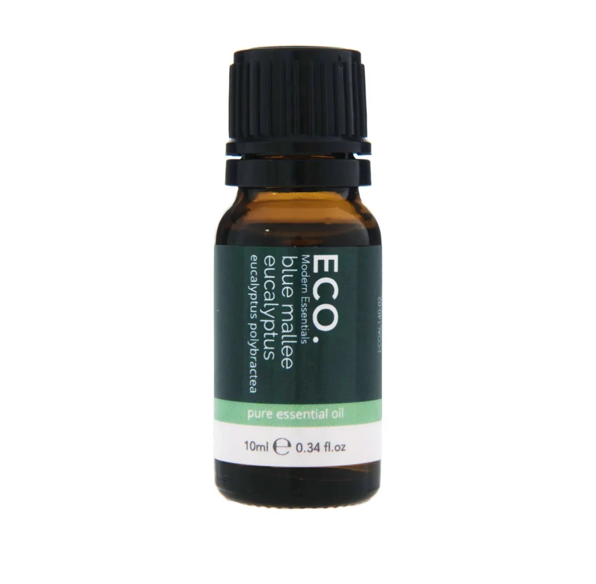 A small amber bottle with a black cap labeled Blue Mallee Eucalyptus Pure Essential Oil – 10ml. The green and white label showcases the premium quality of this pure essential oil.