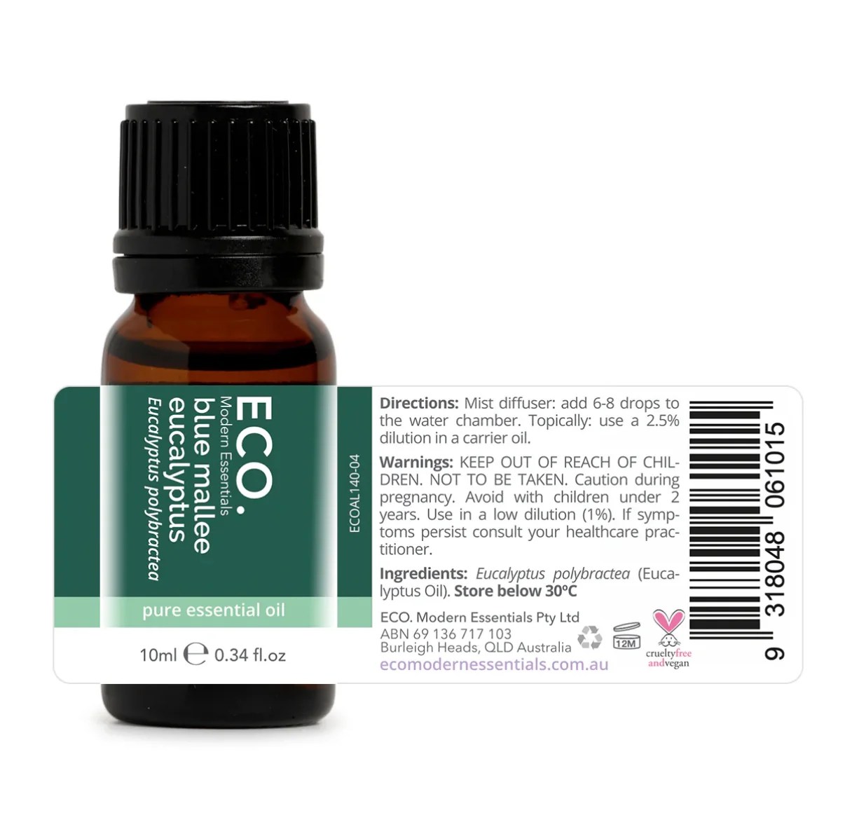 A small amber bottle labeled Blue Mallee Eucalyptus Pure Essential Oil – 10ml with a white label displaying product information, directions, warnings, ingredients, and a barcode.