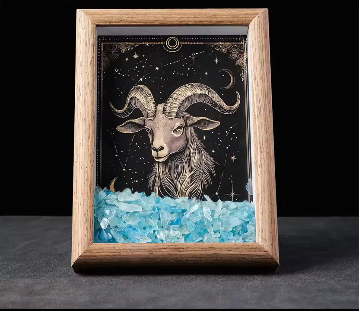 The Zodiac Crystal Frame is Astrology Wall Art featuring a goat with large curved horns under a starry night sky and blue healing crystals—perfect for zodiac enthusiasts.