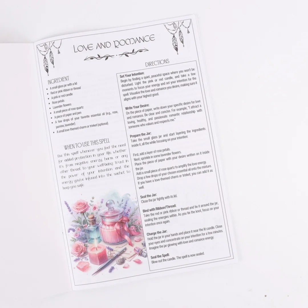 A spell sheet titled Love and Romance, featuring a list of ingredients, step-by-step directions, and a colourful illustration of jars, potions, and flowers at the bottom left corner. The design includes decorative borders.