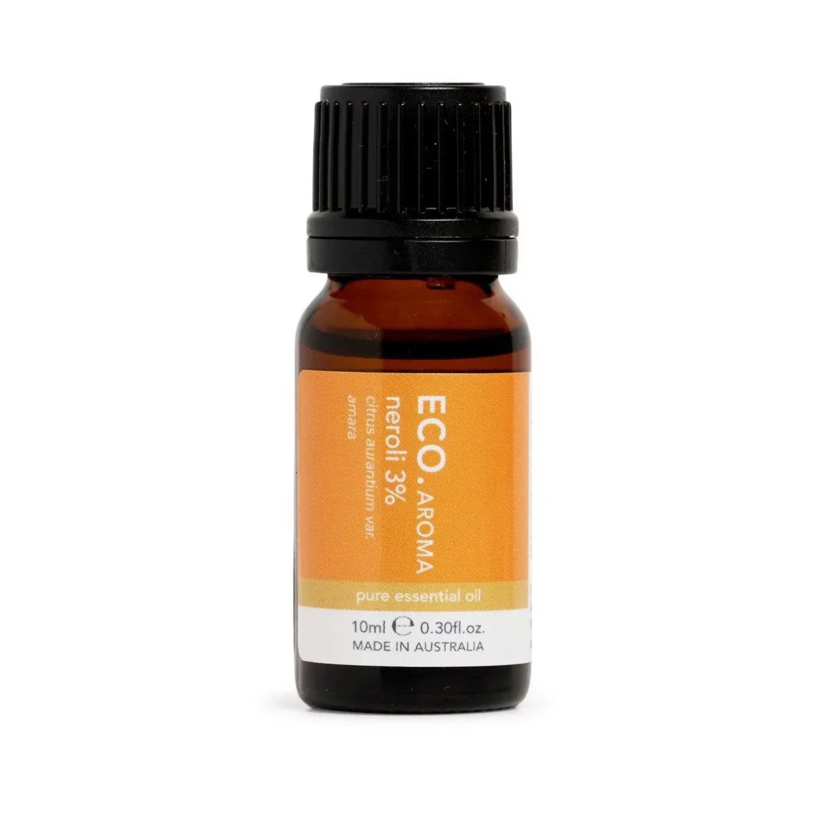 A small amber bottle with a black cap labeled Neroli Essential Oil 3% in Jojoba, 10ml. The orange and white label features green and white text.