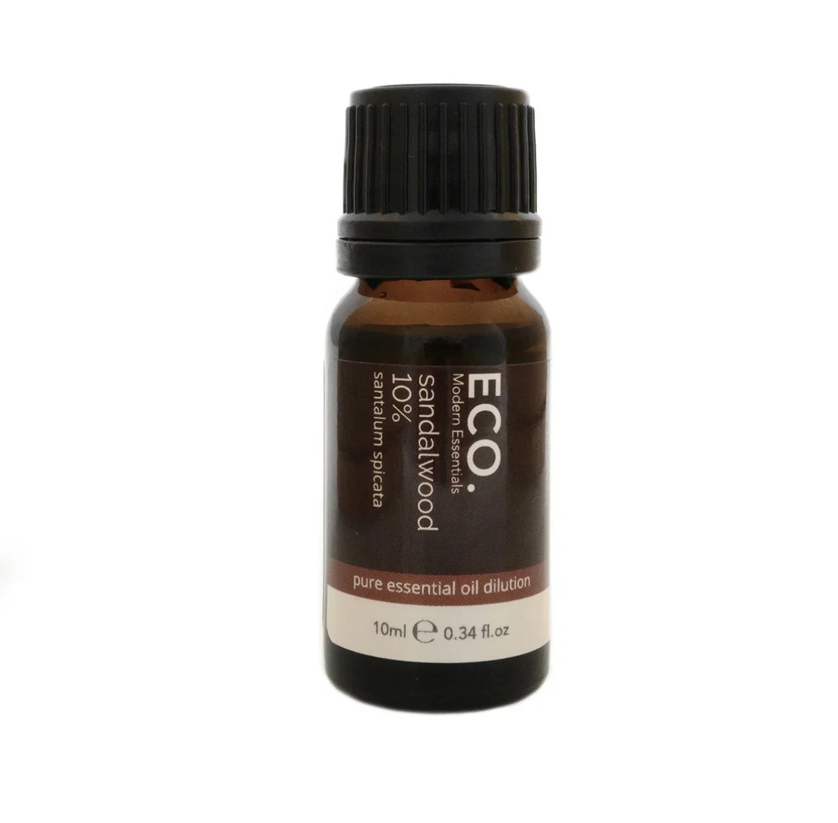 A small brown glass bottle with a black cap labeled Sandalwood Essential Oil 10%, containing a pure essential oil dilution, 10 ml (0.34 fl. oz.).