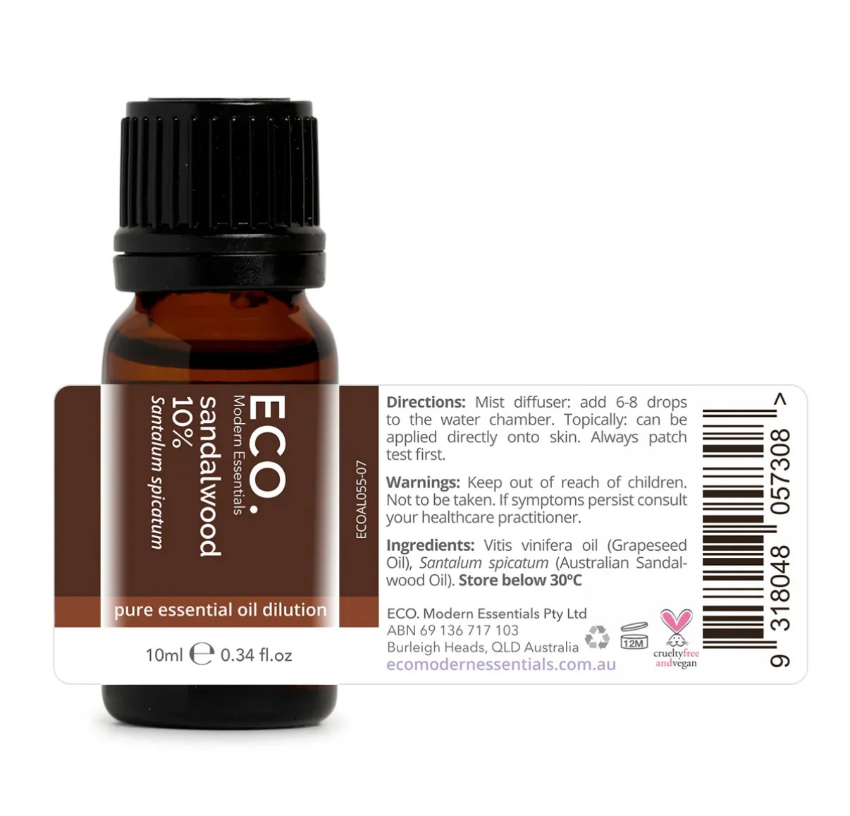 A 10ml amber bottle labeled Sandalwood Essential Oil 10% features product directions, warnings, and ingredients on a white label.