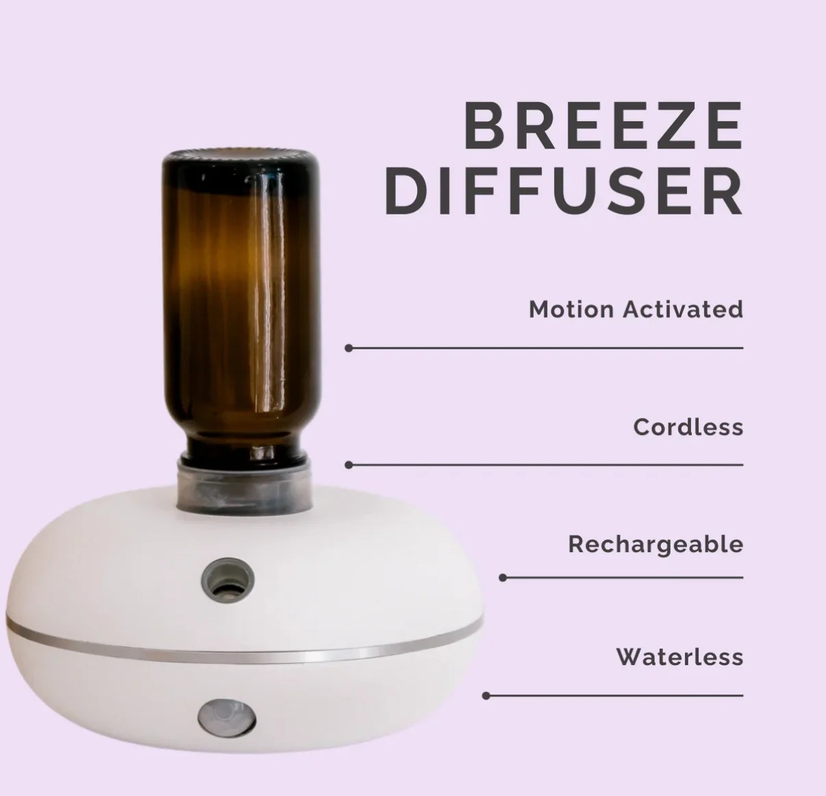 The Botanical Breeze Gift Set features a white, oval Motion Sensor Diffuser with a brown glass bottle, shown on a light purple background. It’s motion-activated, cordless, rechargeable, and waterless—perfect for essential oils.