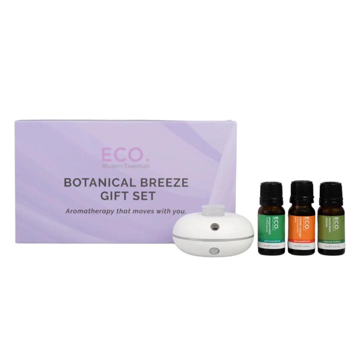 The Botanical Breeze Gift Set – Motion Sensor Diffuser & Essential Oils features a purple ECO. box, a Motion Sensor Diffuser, and three essential oils with green, orange, and teal labels.