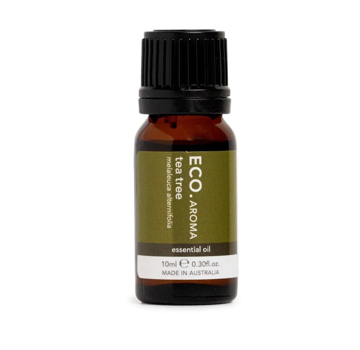 A small brown glass bottle with a black cap labeled Tea Tree Essential Oil – 100% Pure Australian Melaleuca Alternifolia, 10ml, made in Australia. The green label displays white and gold text.