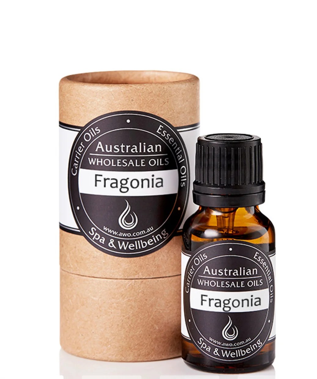 A brown glass bottle of Fragonia Essential Oil – 100% Pure Australian Agonis Fragrans sits beside its matching cardboard tube packaging, both displayed against a white background.