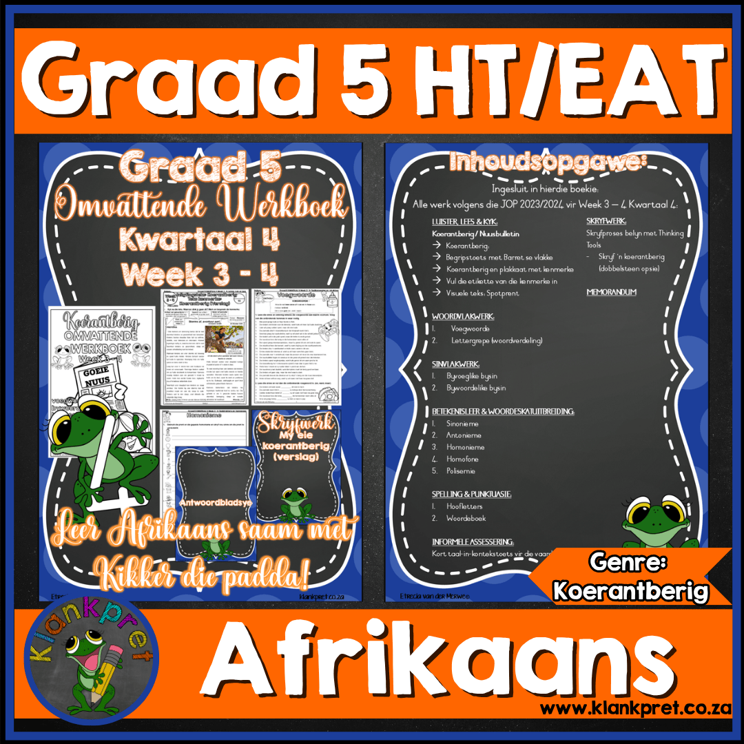 Afrikaans Omvattende Werkboek 2: Graad 5 Huistaal of Eerste Addisionele Taal – Week 3 – 4: Koerantberig Kwartaal 4 (2026)