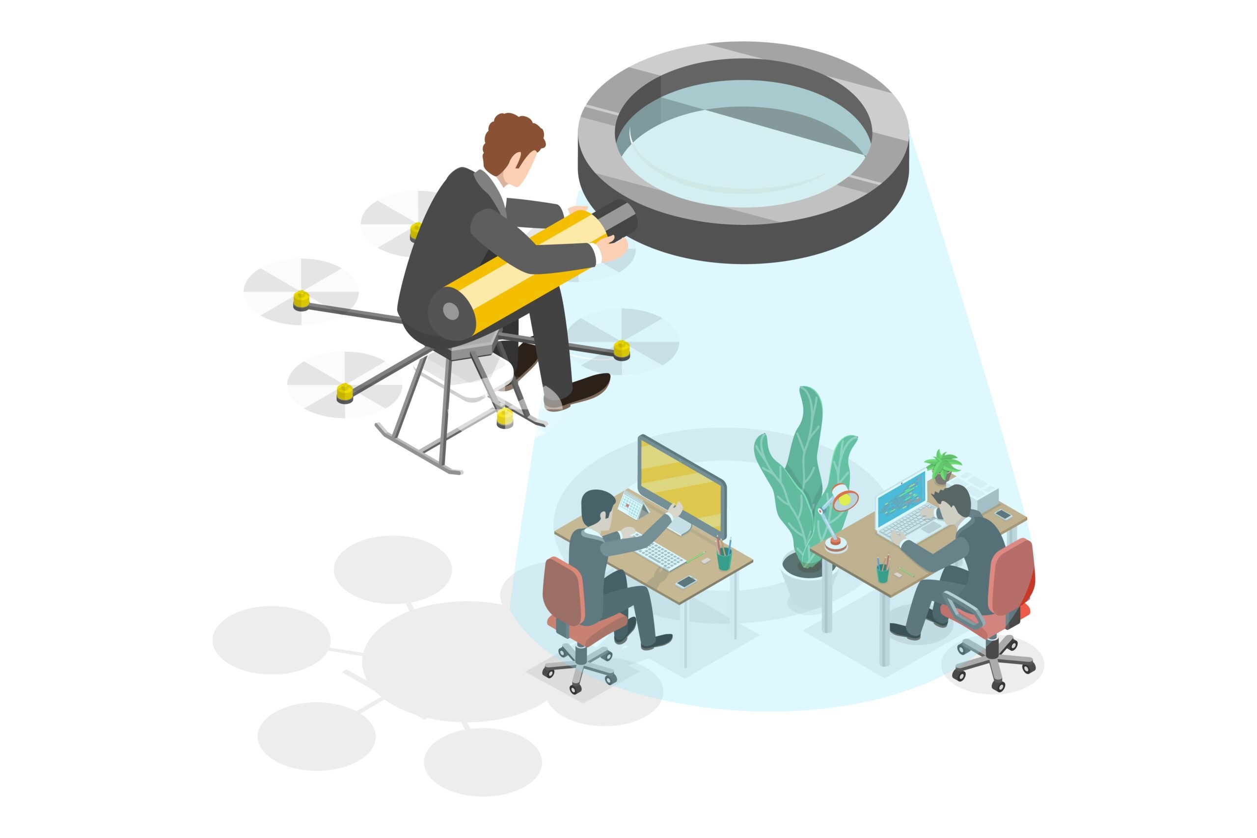 3d,Isometric,Flat,Conceptual,Illustration,Of,Boss,Spying,At,Work,
