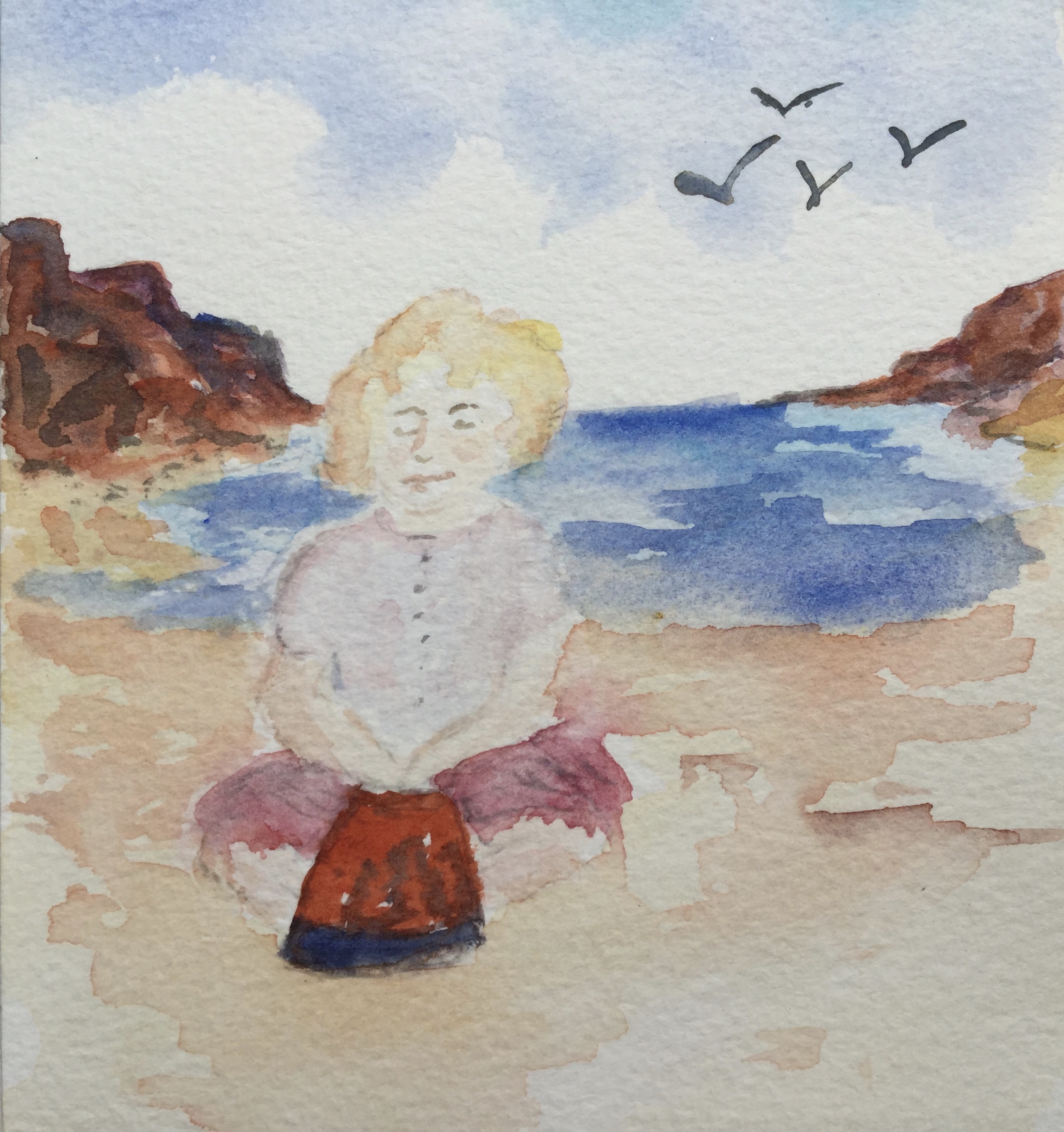 A painting of me playing on the sand at a beach called Sea Mill in Scotland West Renfrewshire. I loved that red bucket…how did she know?