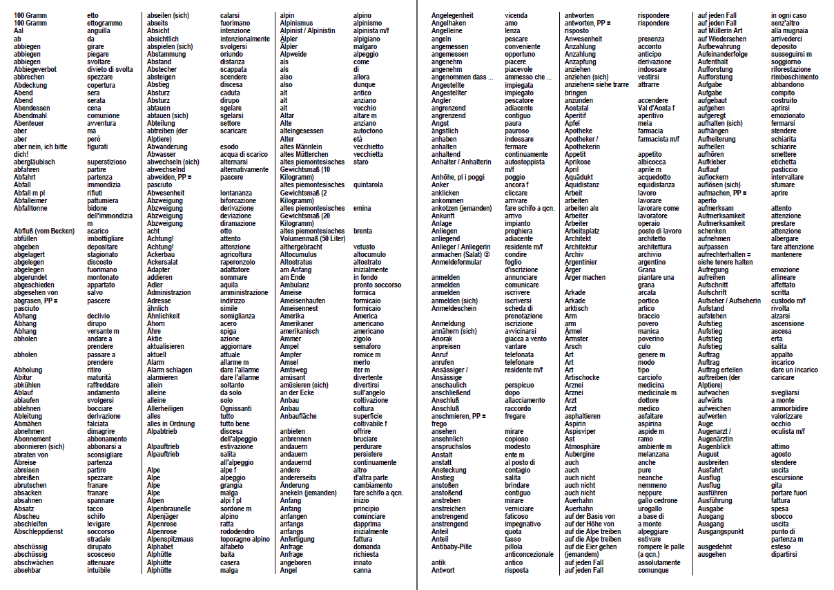 Gta Worterbuch Deutsch Italienisch Deutsch Bergwandern Trekking Piemont