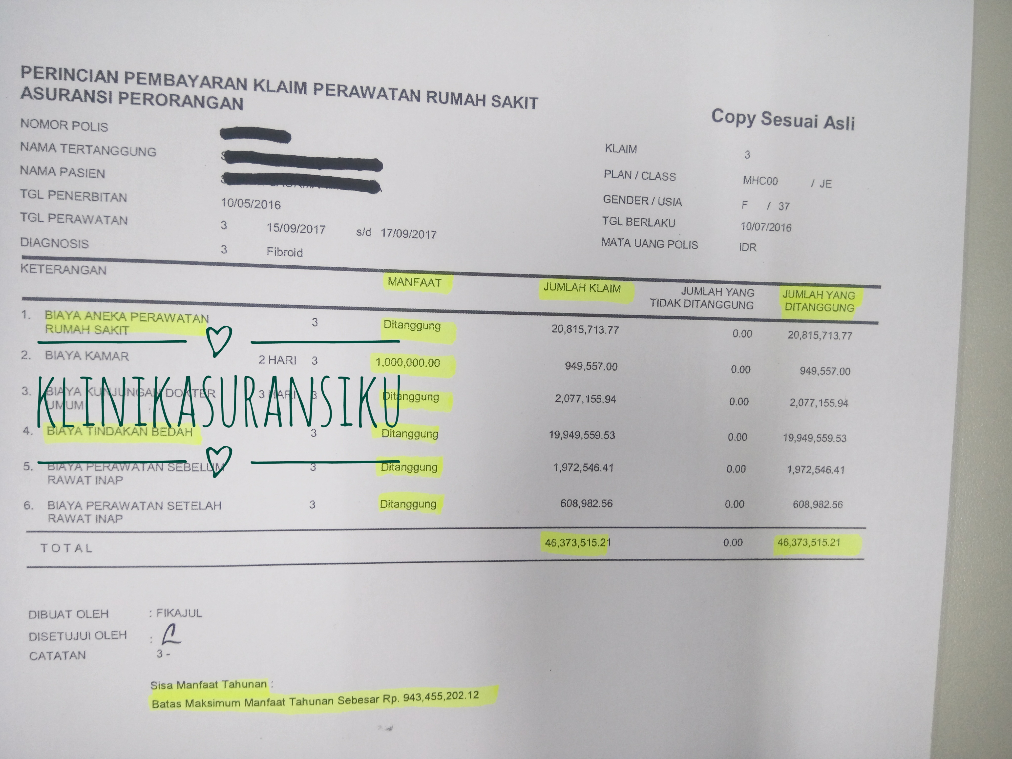 Rs) dan mencetak struk pembayaran dan diserahkan. Bukti Pembayaran Claim Klinik Asuransiku