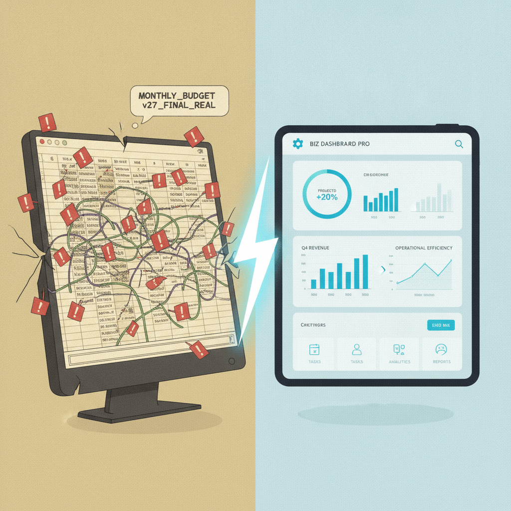 Illustration of a cluttered spreadsheet transforming into a clean custom software dashboard, representing a business upgrade from spreadsheets to a web app.