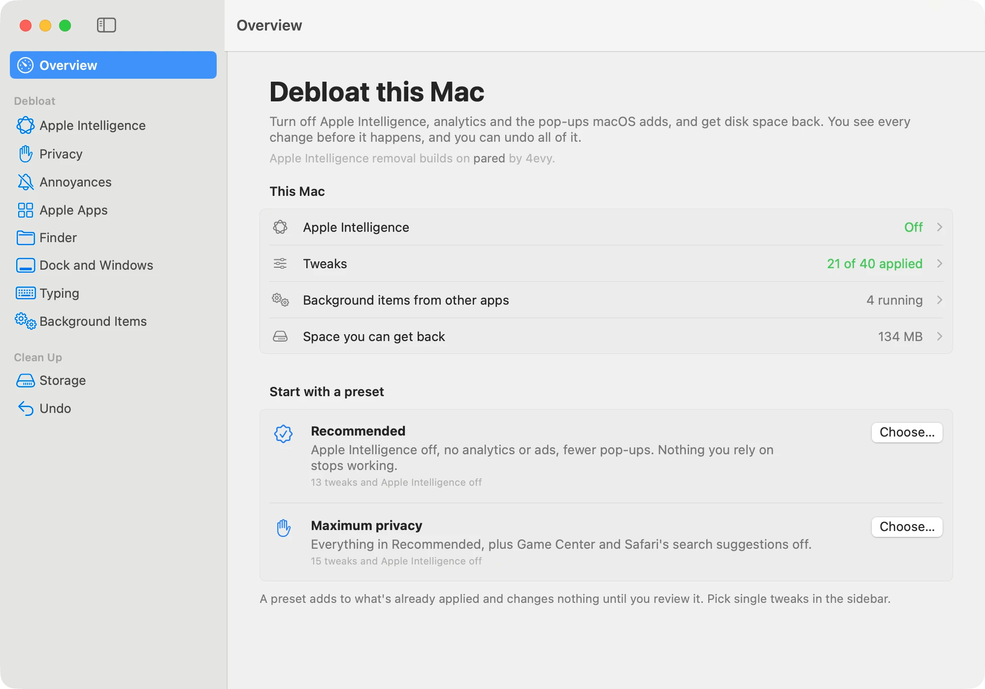 RemoveMacAI의 Apple Intelligence 설정 관리 화면