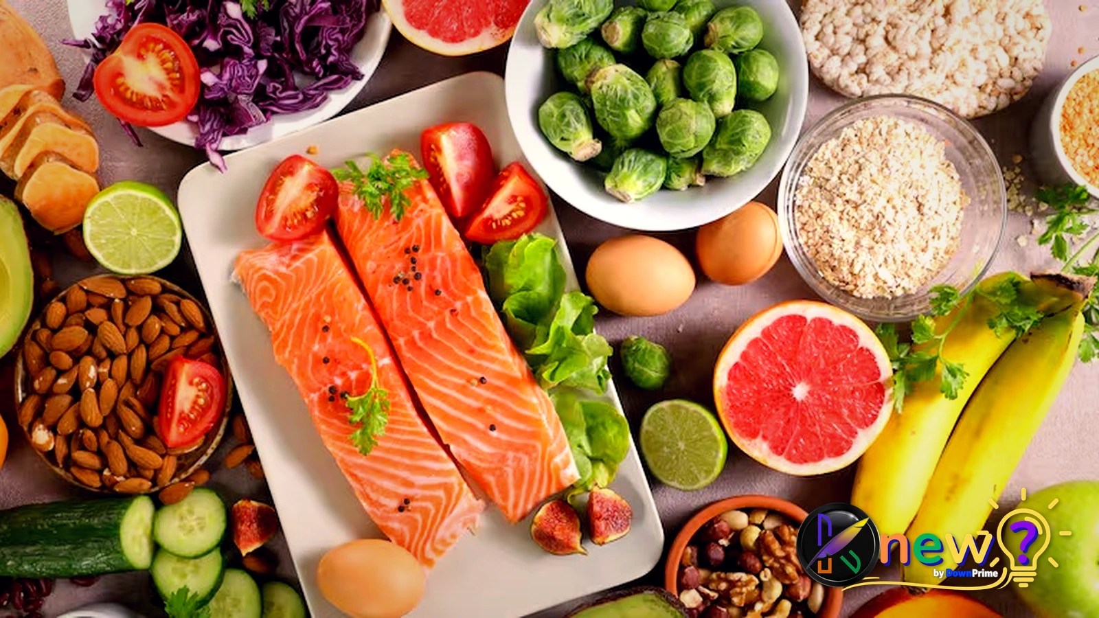 Selección de alimentos con fuentes de carbohidratos, grasas saludables y proteínas