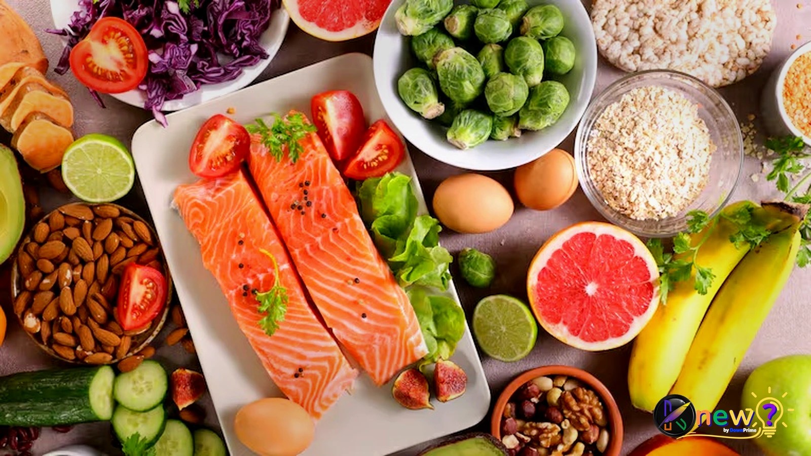 Alimentos variados ricos en grasas saludables, proteínas y carbohidratos complejos