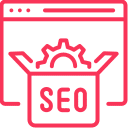 Technical SEO icon depicting gears inside a browser window labeled “SEO”