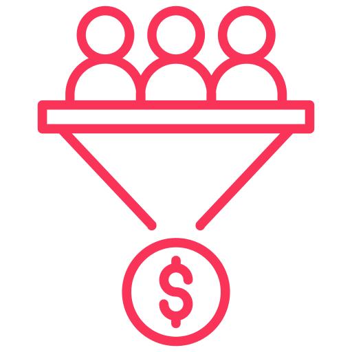 Conversion tracking icon featuring a funnel with users flowing into a dollar symbol