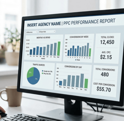 White label PPC performance report customized with agency branding for client reporting.